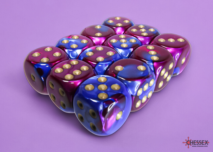 Chessex Gemini 16mm d6 Dice Block (12ct.) - Blue-Purple/gold