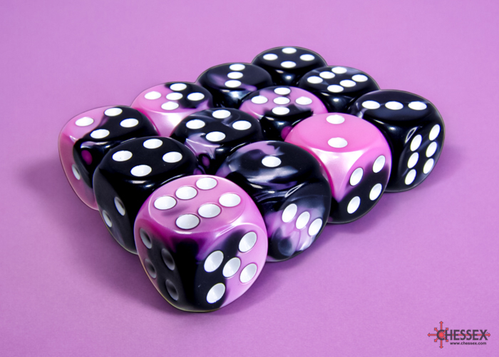 Chessex Gemini 16mm d6 Dice Block (12ct.) - Black-Pink/white