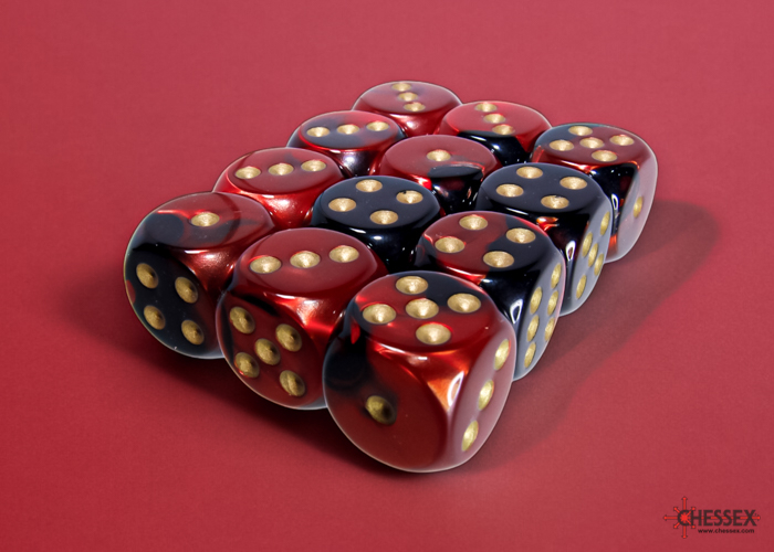 Chessex Gemini 16mm d6 Dice Block (12ct.) - Black-Red/gold