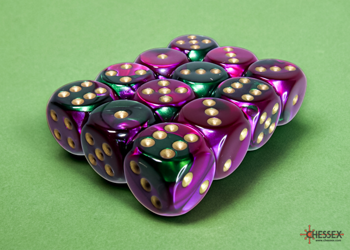Chessex Gemini 16mm d6 Dice Block (12ct.) - Green-Purple/gold