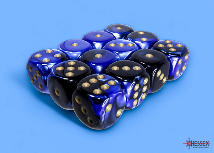 Chessex Gemini 16mm d6 Dice Block (12ct.) - Black-Blue/gold