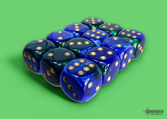 Chessex Gemini 16mm d6 Dice Block (12ct.) - Blue-Green/gold