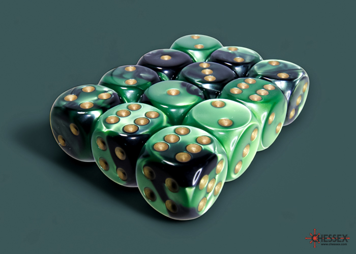 Chessex Gemini 16mm d6 Dice Block (12ct.) - Black-Green/gold