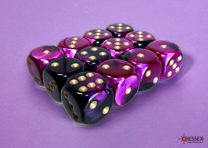 Chessex Gemini 16mm d6 Dice Block (12ct.) - Black-Purple/gold