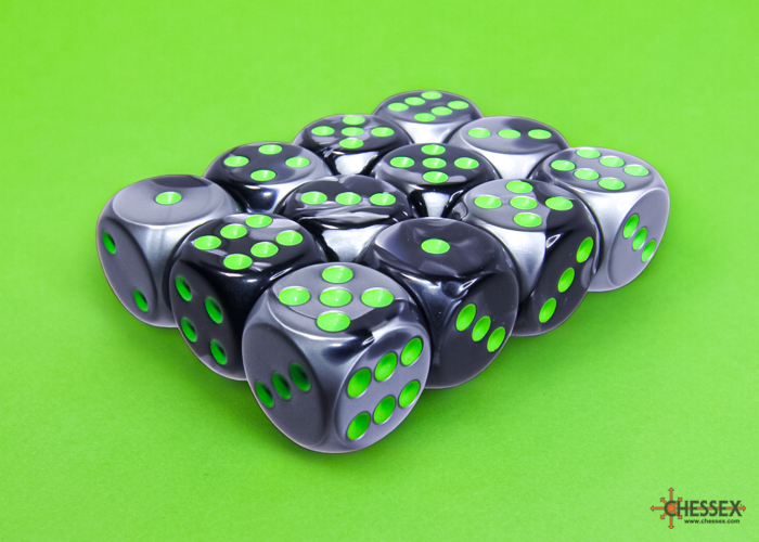Chessex Gemini 16mm d6 Dice Block (12ct.) - Black-Grey/green