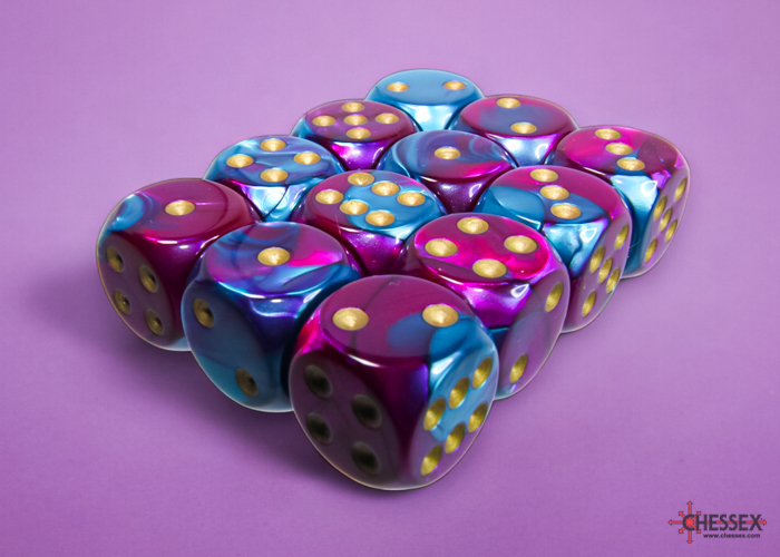 Chessex Gemini 16mm d6 Dice Block (12ct.) -Purple-Teal/gold