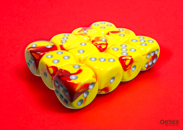 Chessex Gemini 16mm d6 Dice Block (12ct.) - Red-Yellow/silver