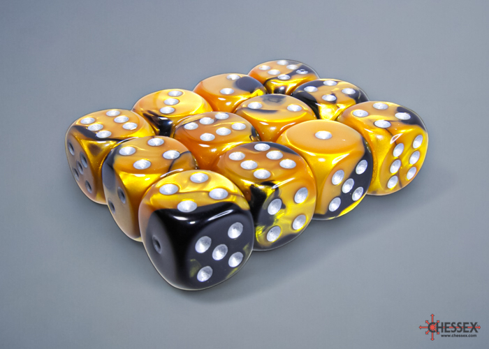 Chessex Gemini 16mm d6 Dice Block (12ct.) - Black-Gold/silver