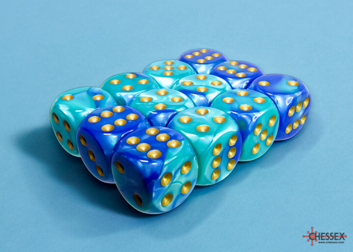 Chessex Gemini 16mm d6 Dice Block (12ct.) - Blue-Teal/gold