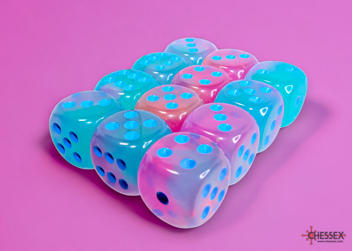 Chessex Gemini 16mm d6 Dice Block (12ct.) - Gel Green-Pink/blue