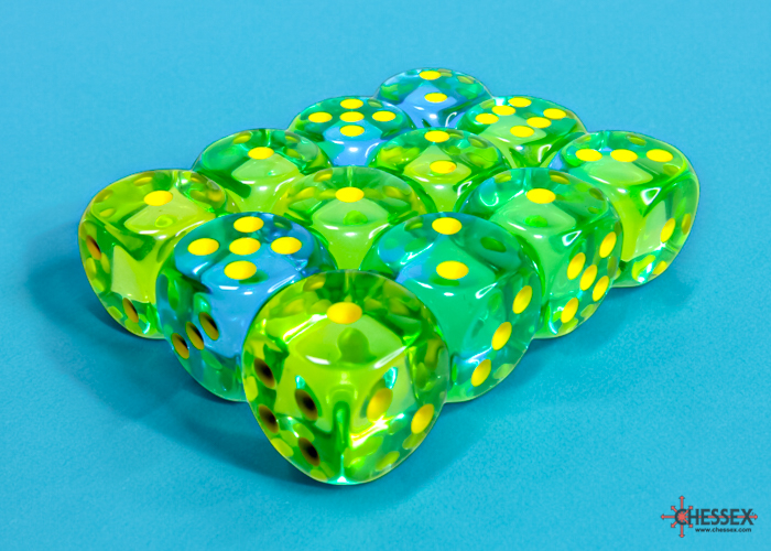 Chessex Gemini 16mm d6 Dice Block (12ct.) - Translucent Green-Teal/yellow