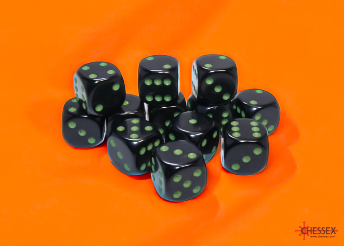 Chessex Opaque 16mm d6 Dice Block (12ct.) - Black/green