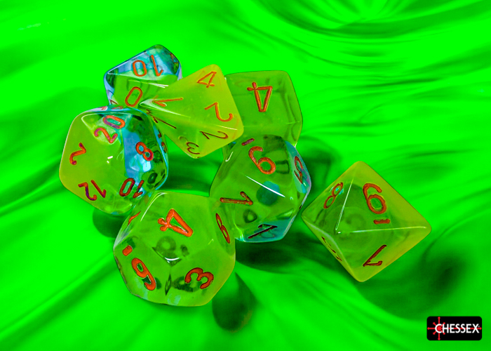Chessex Gemini® Polyhedral Plasma Green-Teal/orange Luminary 7-Die Set