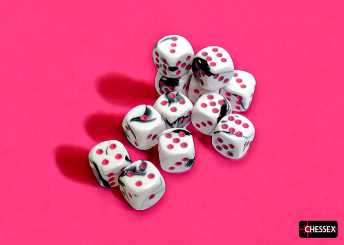 Chessex Gemini 16mm d6 Dice Block (12ct.) - Black-White/pink