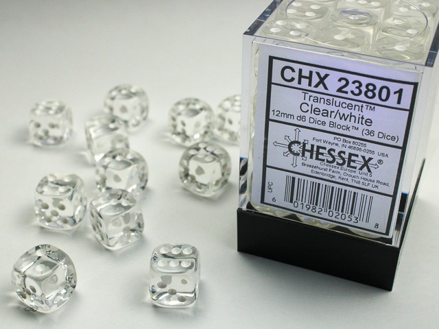 Chessex Translucent 12mm d6 Dice Block (36ct.) - Clear/White